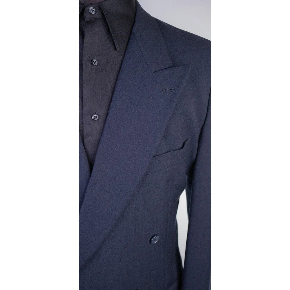 VTG Joseph Abboud Blazer 42L Navy Blue Wool Peak Lapel Double Breasted Made USA